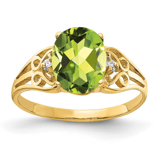 14K Yellow Gold 9X7mm Oval Peridot Checker A Diamond Ring