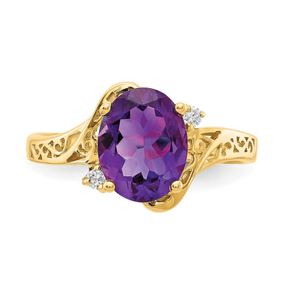 14K Yellow Gold 9X7mm Oval Amethyst Aa Diamond Ring