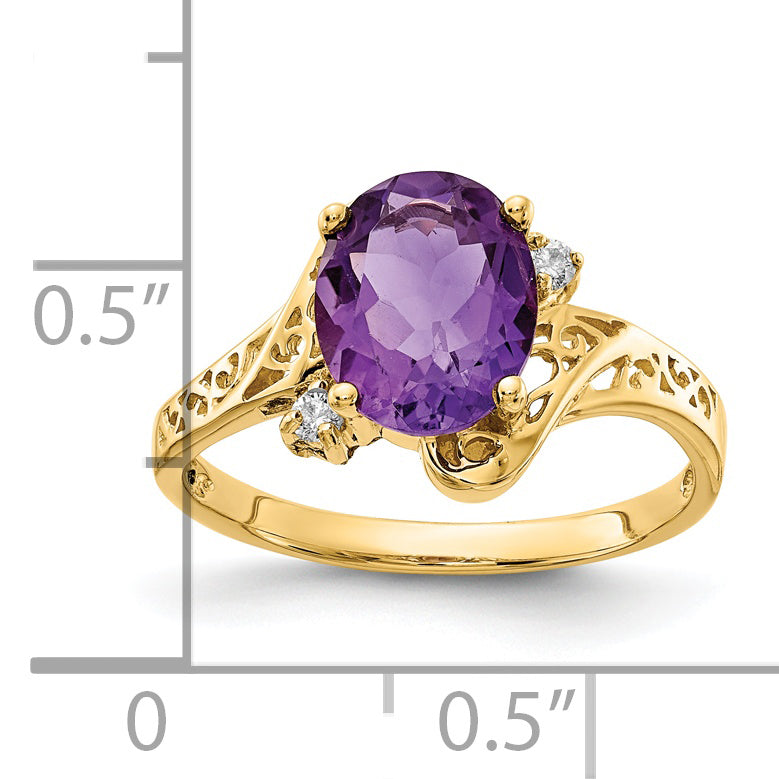 14K Yellow Gold 9X7mm Oval Amethyst Vs Diamond Ring