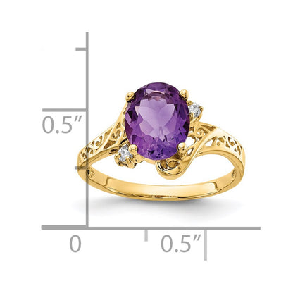 14K Yellow Gold 9X7mm Oval Amethyst Aa Diamond Ring