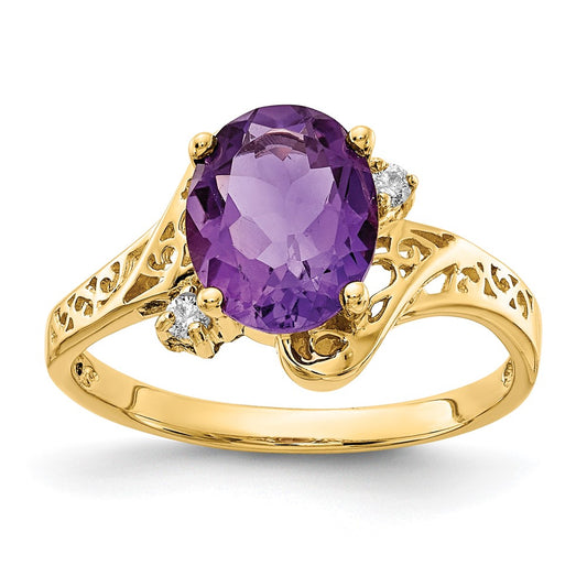 14K Yellow Gold 9X7mm Oval Amethyst Aa Diamond Ring