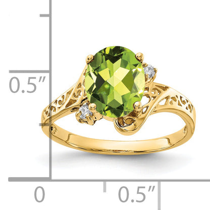 14K Yellow Gold 9X7mm Oval Peridot Checker Aa Diamond Ring