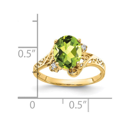 14K Yellow Gold 9X7mm Oval Peridot Checker Vs Diamond Ring