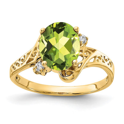 14K Yellow Gold 9X7mm Oval Peridot Checker Vs Diamond Ring