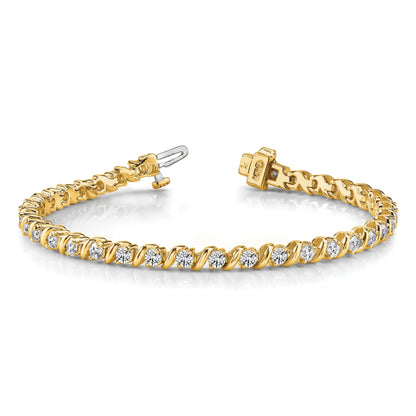 14K Yellow Gold Complete 2 Carat Round Aaa Diamond Swirled Prong 7 Inch Tennis Bracelet