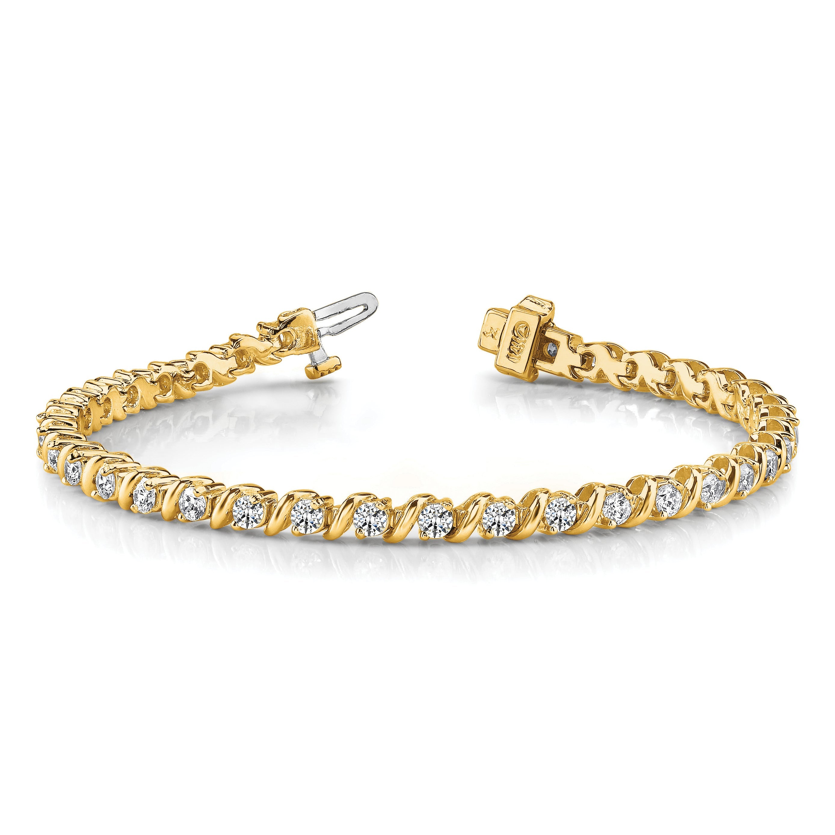 14K Yellow Gold Complete 2 Carat Round A Diamond Swirled Prong 7 Inch Tennis Bracelet