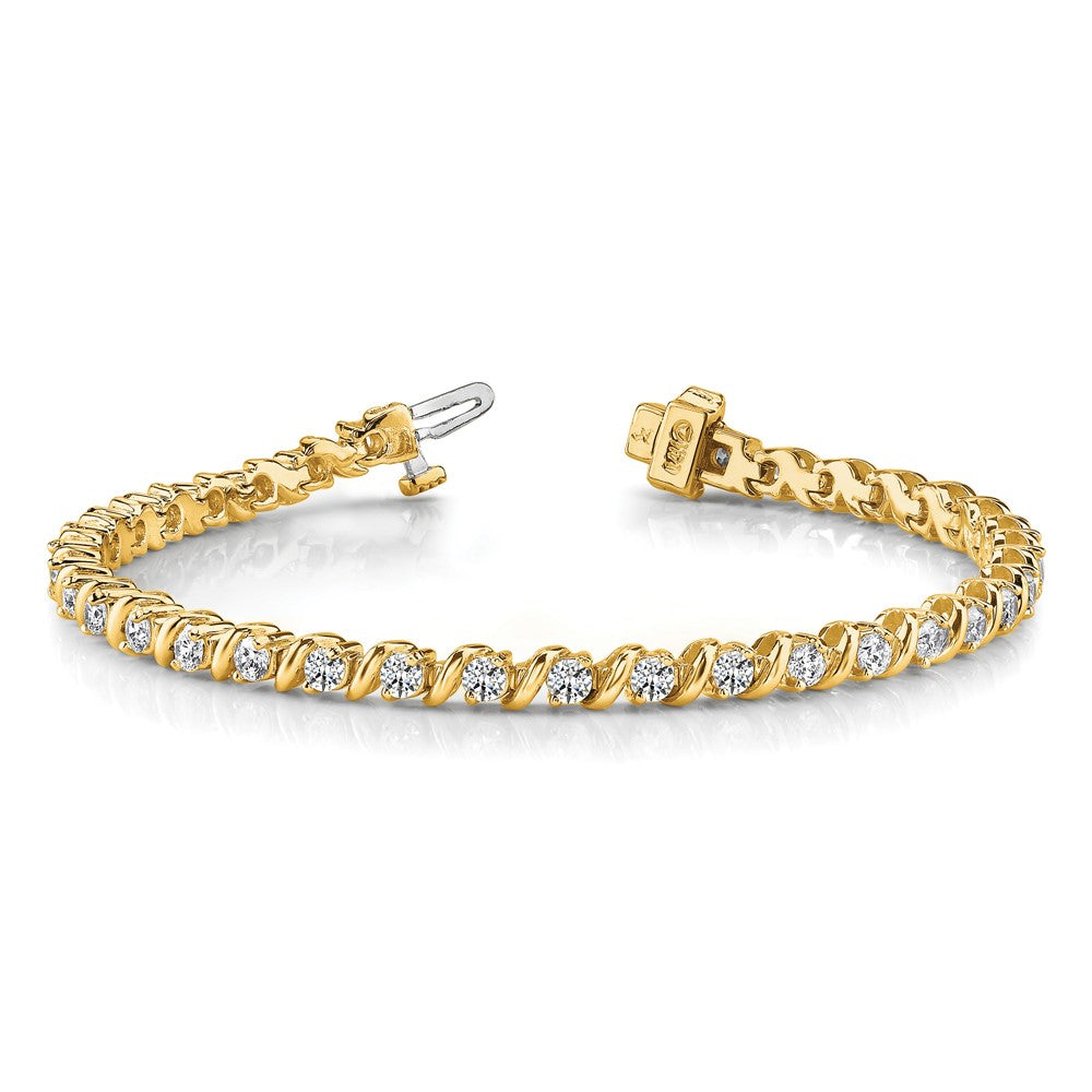 14K Yellow Gold Complete 2 Carat Round Aaa Diamond Swirled Prong 7 Inch Tennis Bracelet