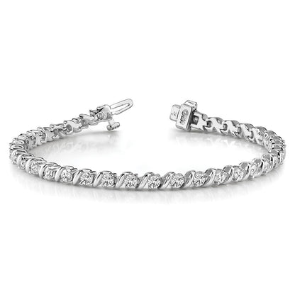 14K White Gold Complete 2 Carat Round A Diamond Swirled Prong 7 Inch Tennis Bracelet