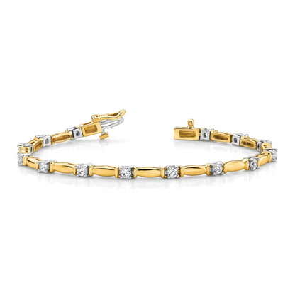 14K Two Tone Complete 1 Carat Round A Diamond Curved Bar Link 7 Inch Tennis Bracelet