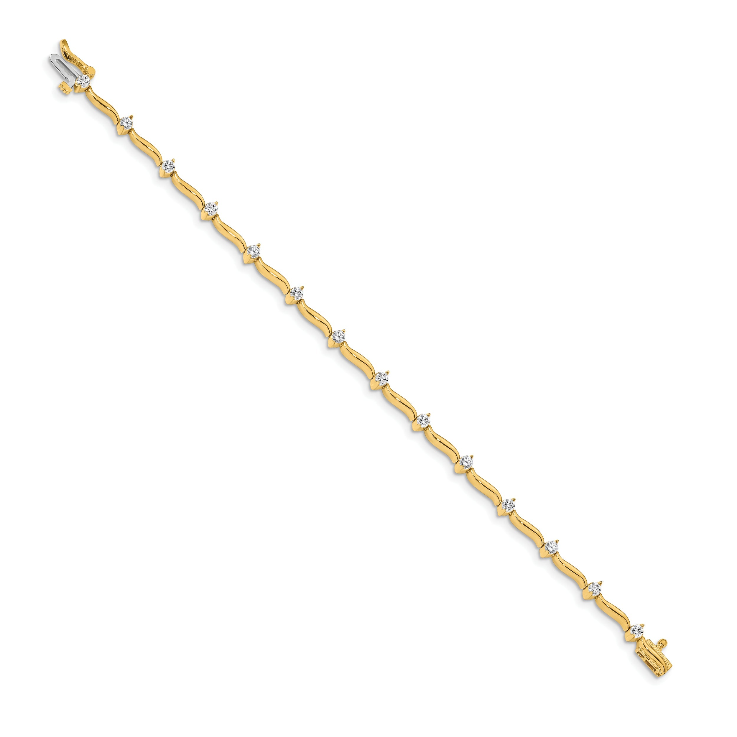 14K Yellow Gold Complete 1 Carat Round Aaa Diamond 2 Prong Wavy Bar Link 7 Inch Tennis Bracelet