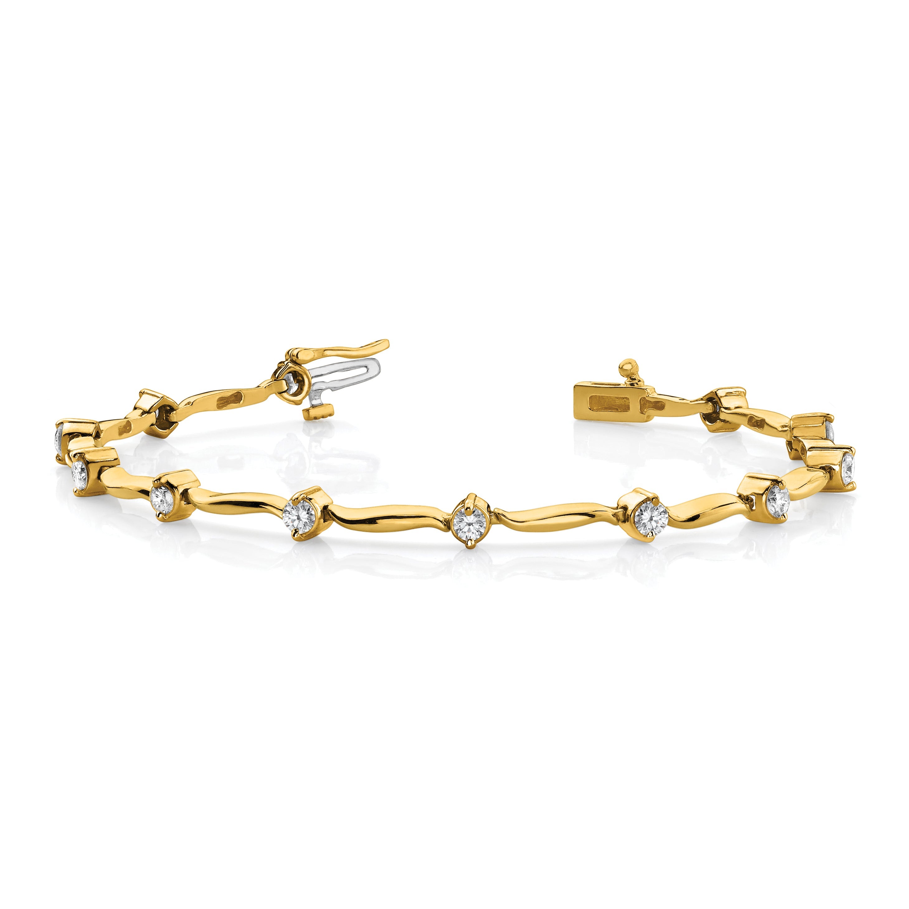 14K Yellow Gold Complete 1 Carat Round Aaa Diamond 2 Prong Wavy Bar Link 7 Inch Tennis Bracelet