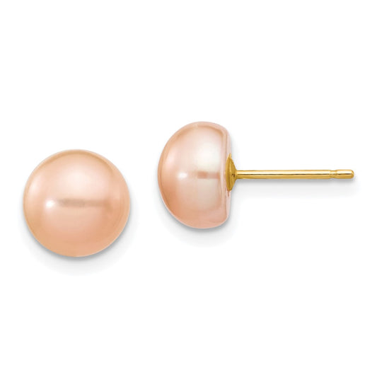 14K Yellow Gold 7 8mm Pink Button Freshwater Cultured Pearl Stud Post Earrings
