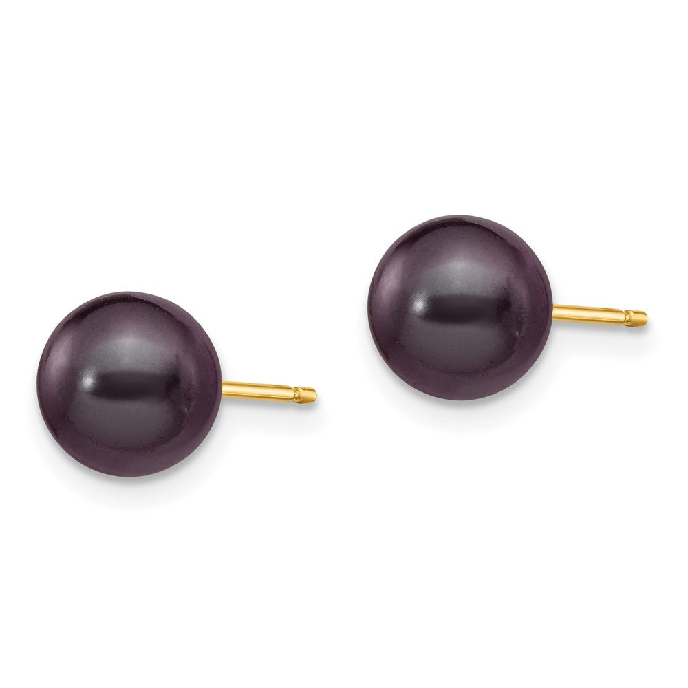 14K Yellow Gold 7 8mm Black Round Freshwater Cultured Pearl Stud Post Earrings