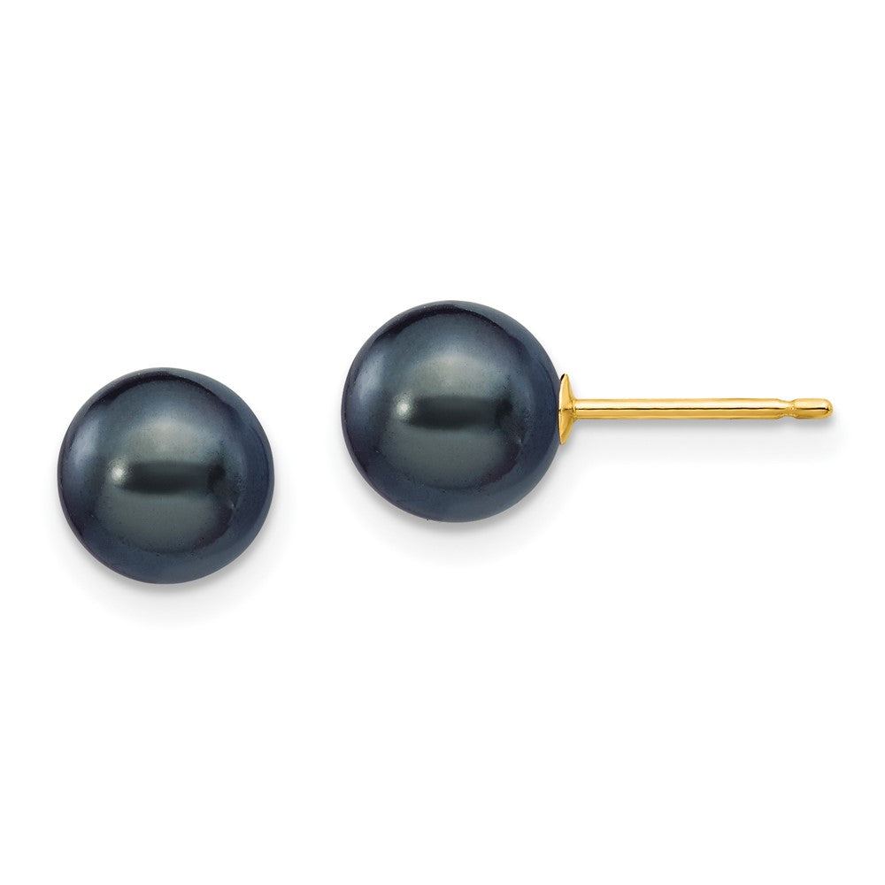 14K Yellow Gold 7 8mm Black Round Freshwater Cultured Pearl Stud Post Earrings