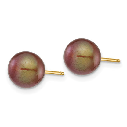 14K Yellow Gold 7 8mm Brown Round Freshwater Cultured Pearl Stud Post Earrings