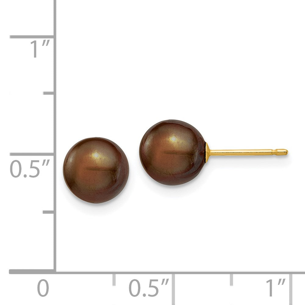 14K Yellow Gold 7 8mm Brown Round Freshwater Cultured Pearl Stud Post Earrings
