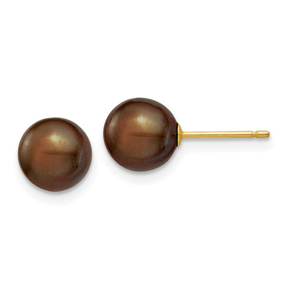 14K Yellow Gold 7 8mm Brown Round Freshwater Cultured Pearl Stud Post Earrings