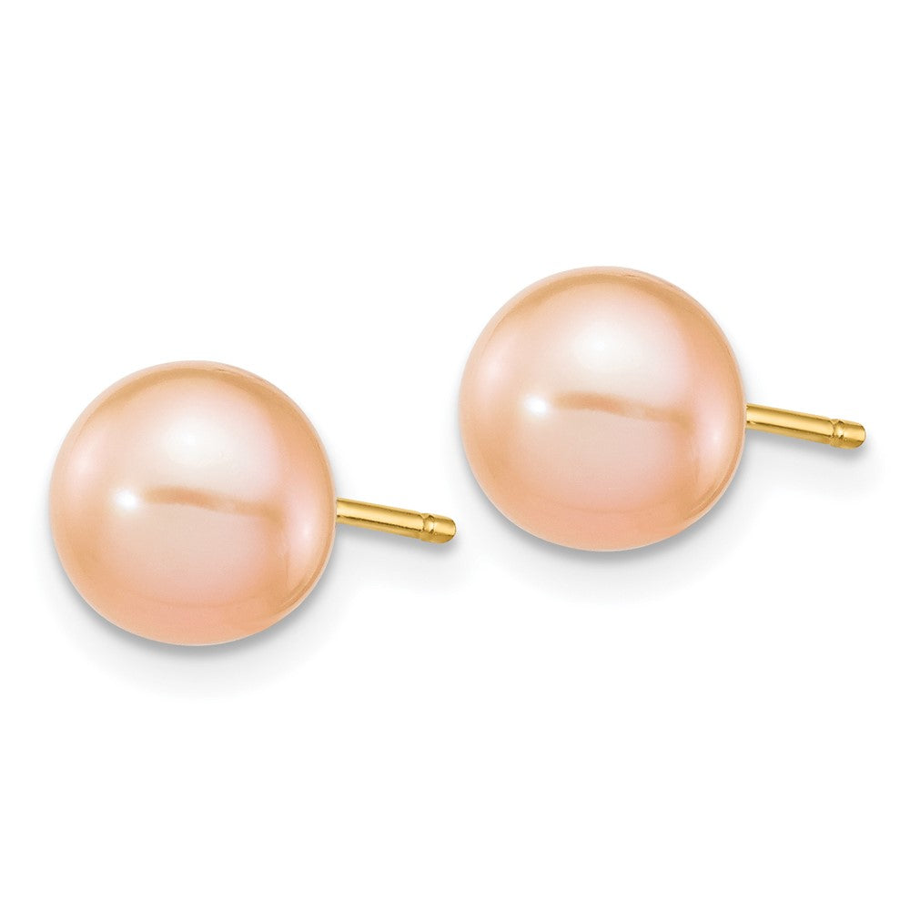 14K Yellow Gold 7 8mm Pink Round Freshwater Cultured Pearl Stud Post Earrings