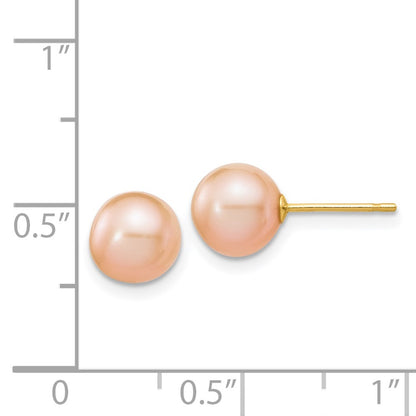 14K Yellow Gold 7 8mm Pink Round Freshwater Cultured Pearl Stud Post Earrings