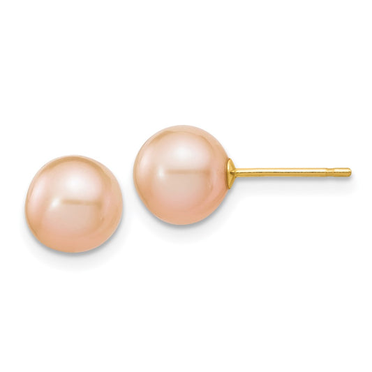 14K Yellow Gold 7 8mm Pink Round Freshwater Cultured Pearl Stud Post Earrings