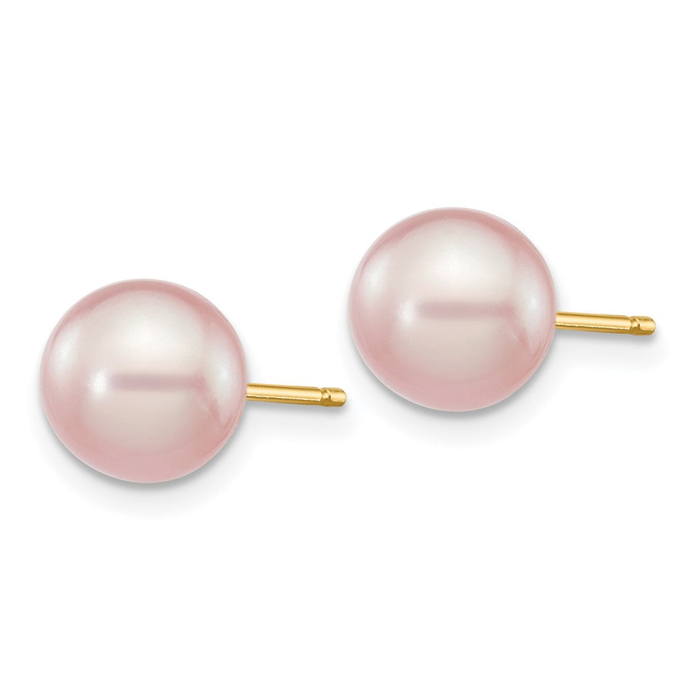 14K Yellow Gold 7 8mm Purple Round Freshwater Cultured Pearl Stud Post Earrings