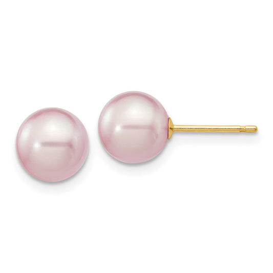 14K Yellow Gold 7 8mm Purple Round Freshwater Cultured Pearl Stud Post Earrings
