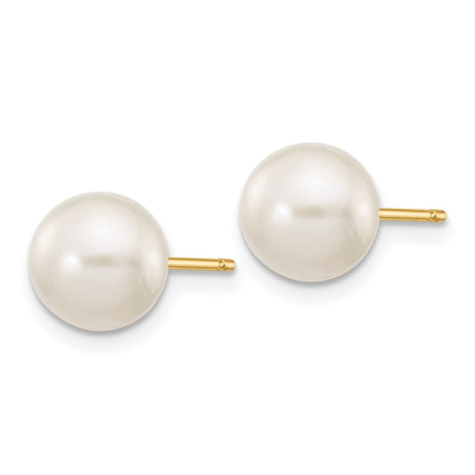 14K Yellow Gold 7 8mm White Round Freshwater Cultured Pearl Stud Post Earrings