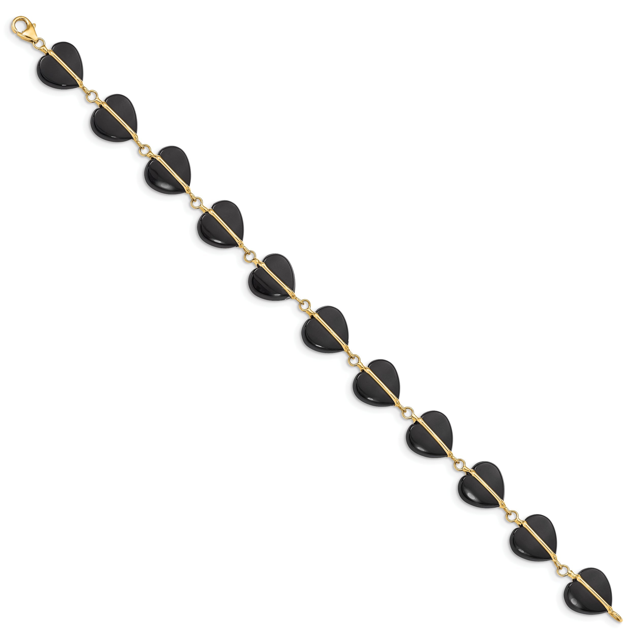 14K Yellow Gold Black Onyx Hearts 7 Inch Bracelet