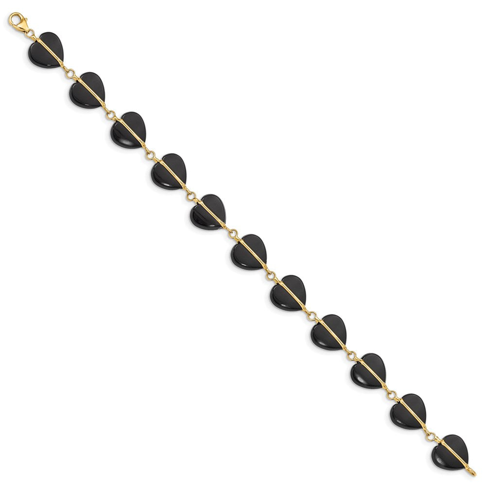 14K Yellow Gold Black Onyx Hearts 7 Inch Bracelet