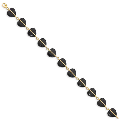 14K Yellow Gold Black Onyx Hearts 7 Inch Bracelet
