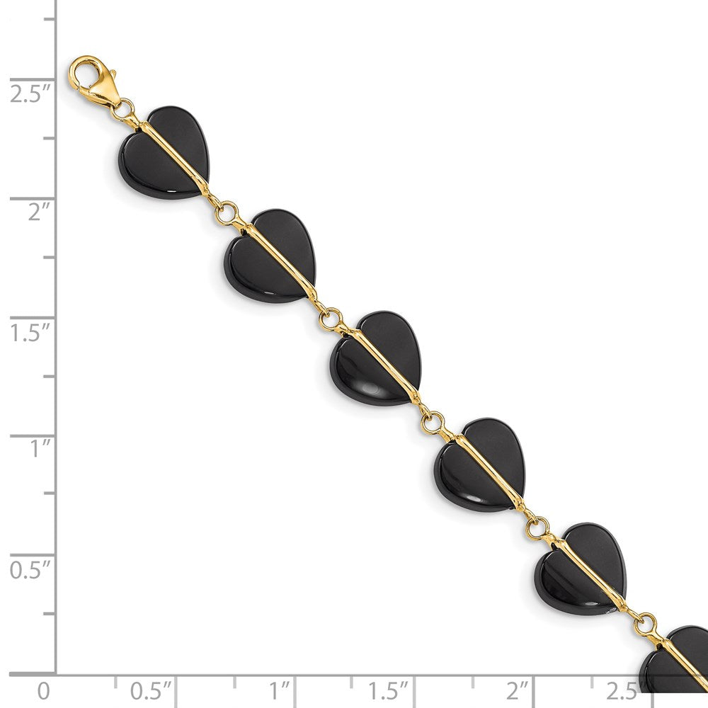 14K Yellow Gold Black Onyx Hearts 7 Inch Bracelet