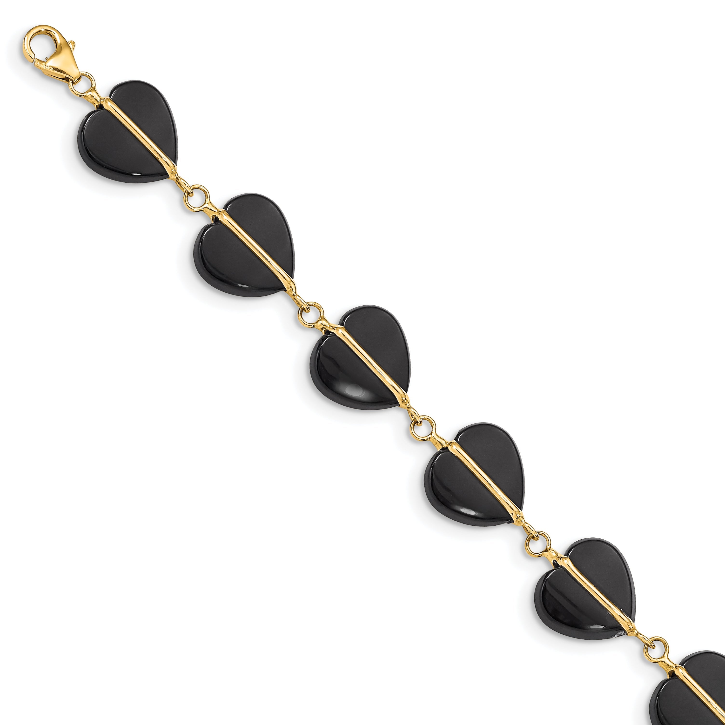 14K Yellow Gold Black Onyx Hearts 7 Inch Bracelet