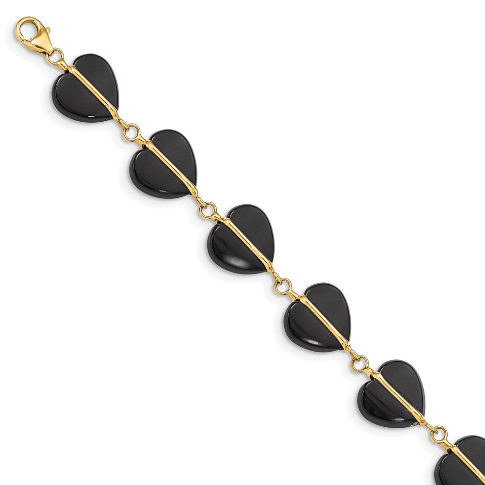 14K Yellow Gold Black Onyx Hearts 7 Inch Bracelet