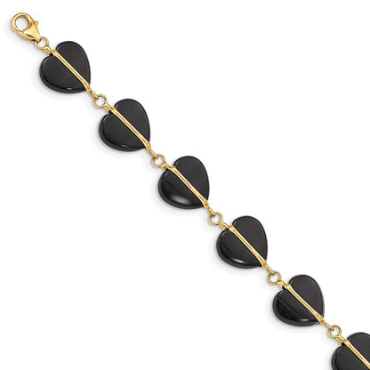 14K Yellow Gold Black Onyx Hearts 7 Inch Bracelet