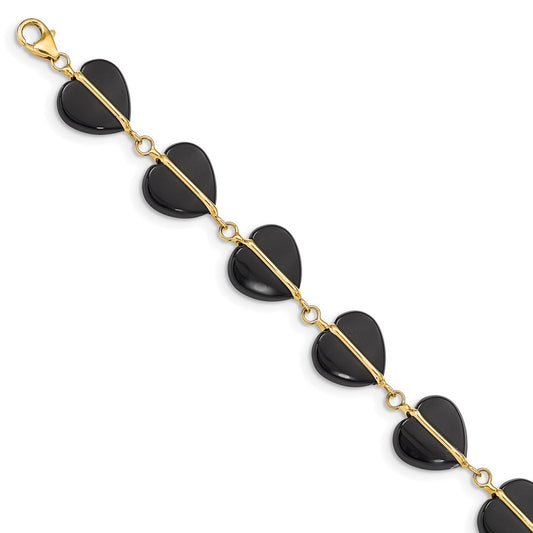 14K Yellow Gold Black Onyx Hearts 7 Inch Bracelet