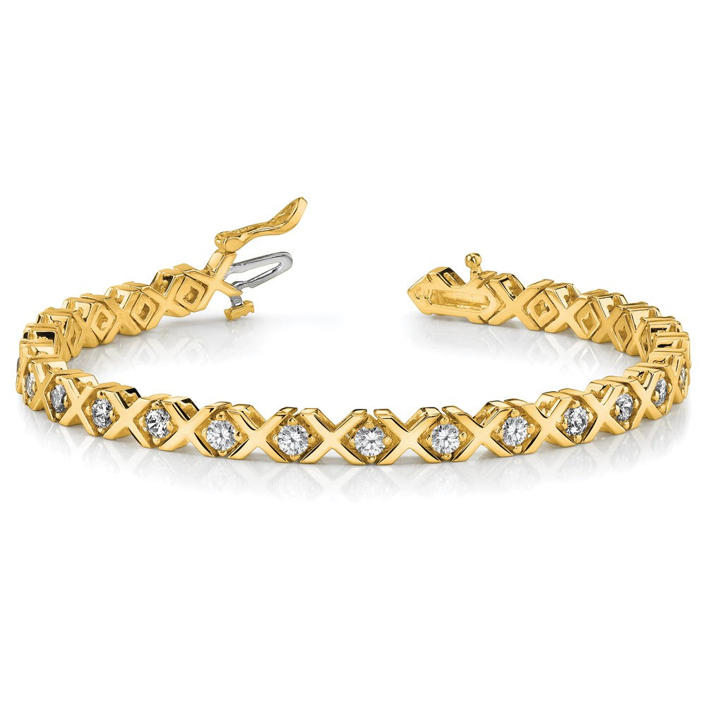 14K Yellow Gold Complete 2 Carat Round A Diamond 4 Prong X Design 7 Inch Tennis Bracelet