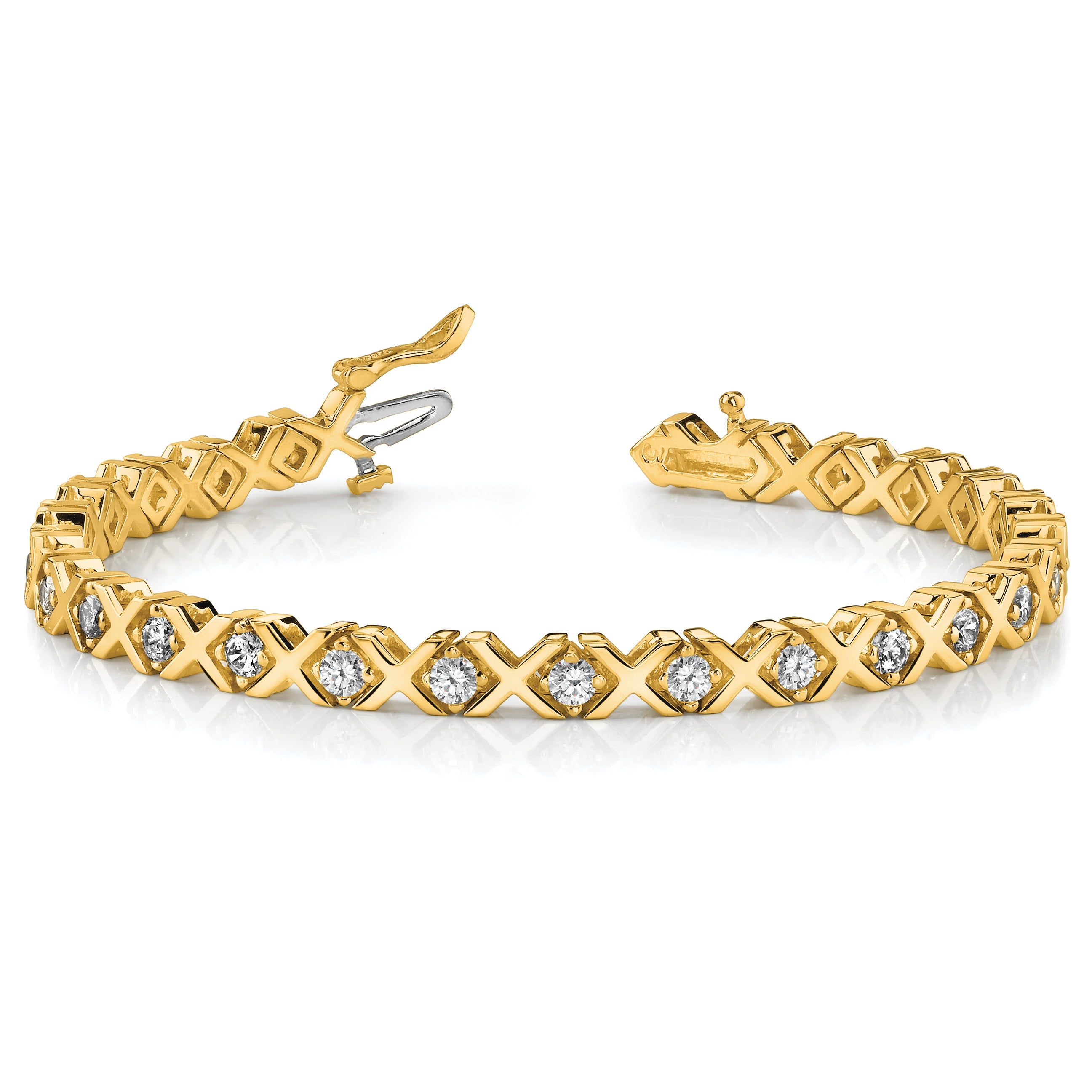 14K Yellow Gold Complete 2 Carat Round Vs Diamond 4 Prong X Design 7 Inch Tennis Bracelet