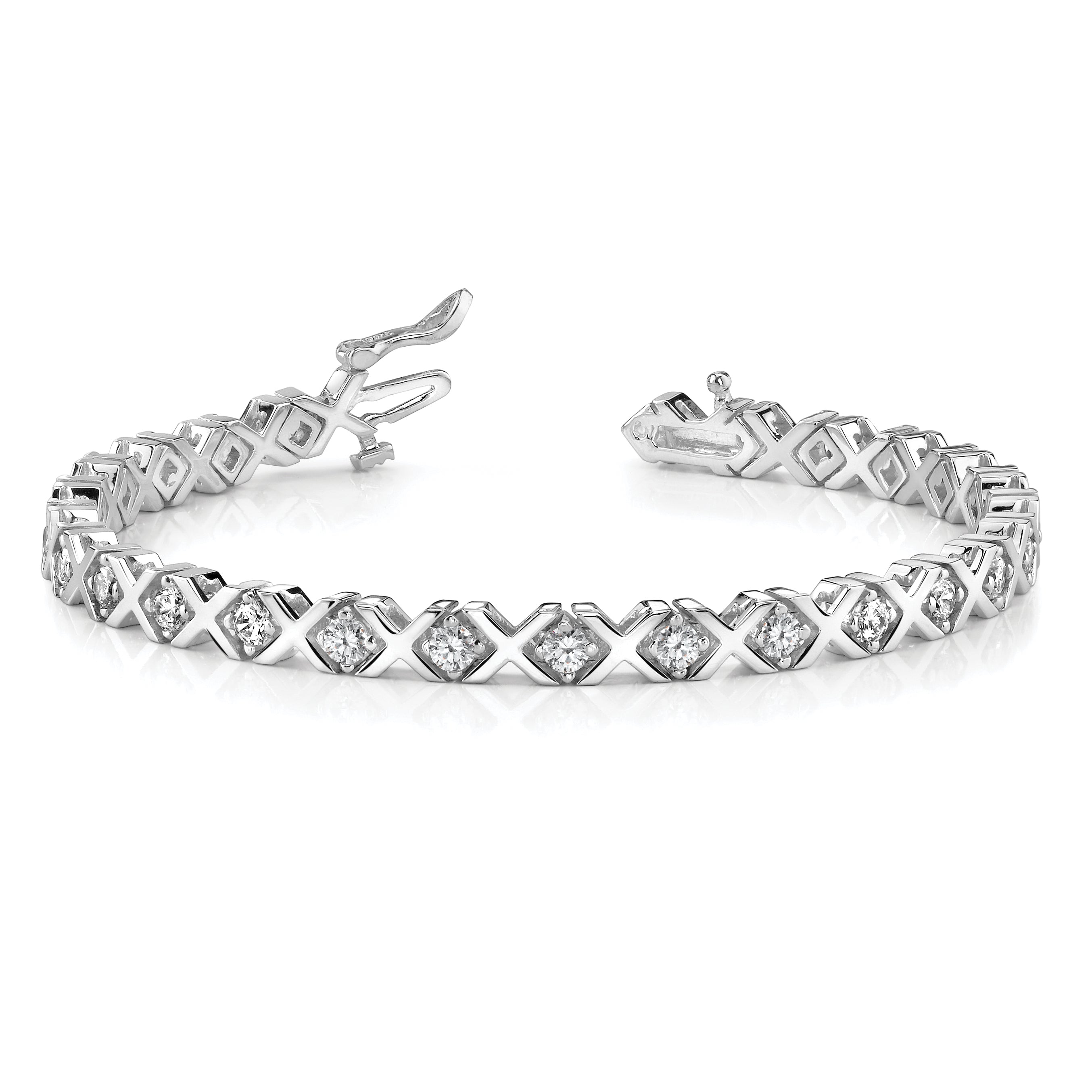 14K White Gold Complete 2 Carat Round Aaa Diamond 4 Prong X Design 7 Inch Tennis Bracelet