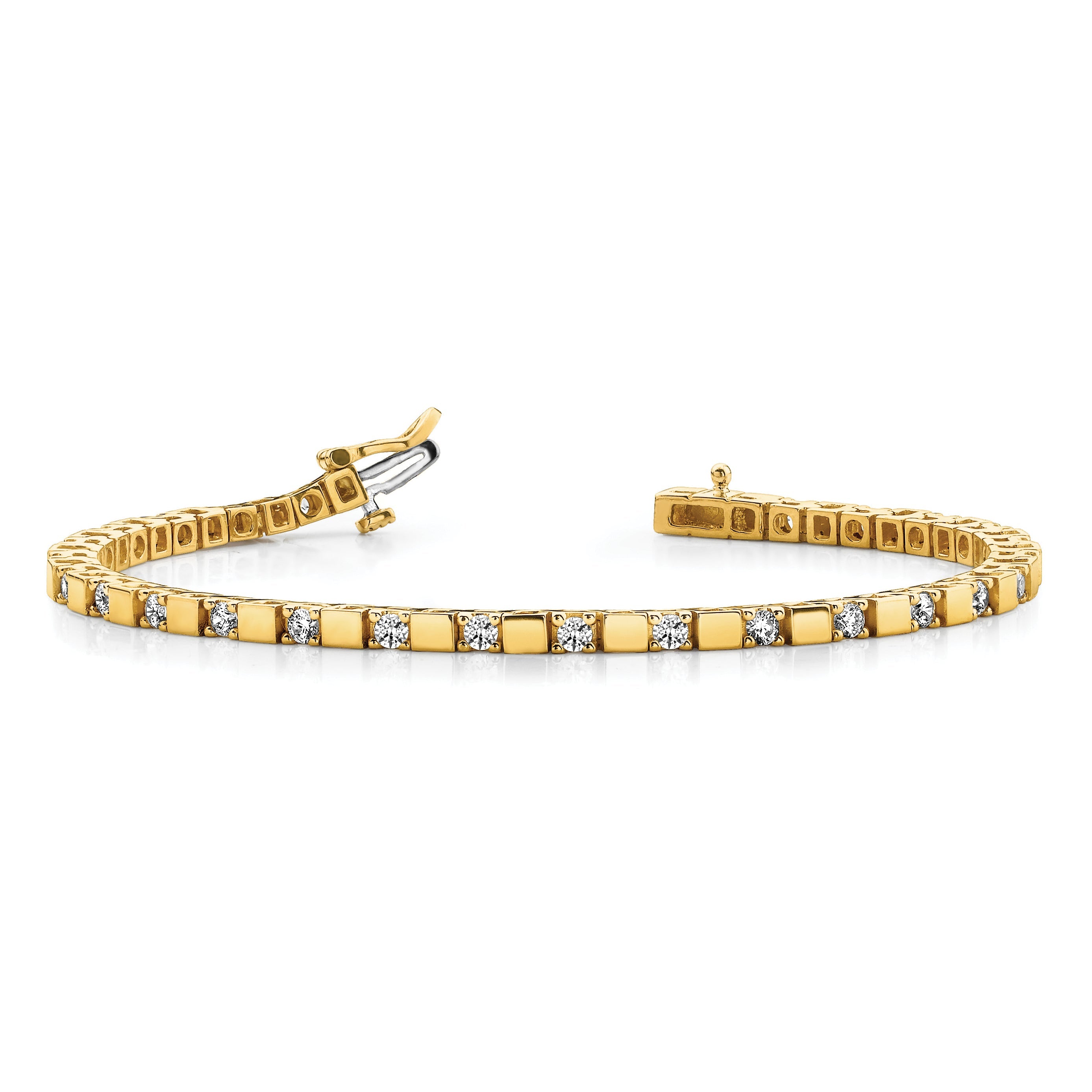 14K Yellow Gold Complete 1.1 Carat Round A Diamond Square Link 7 Inch Tennis Bracelet
