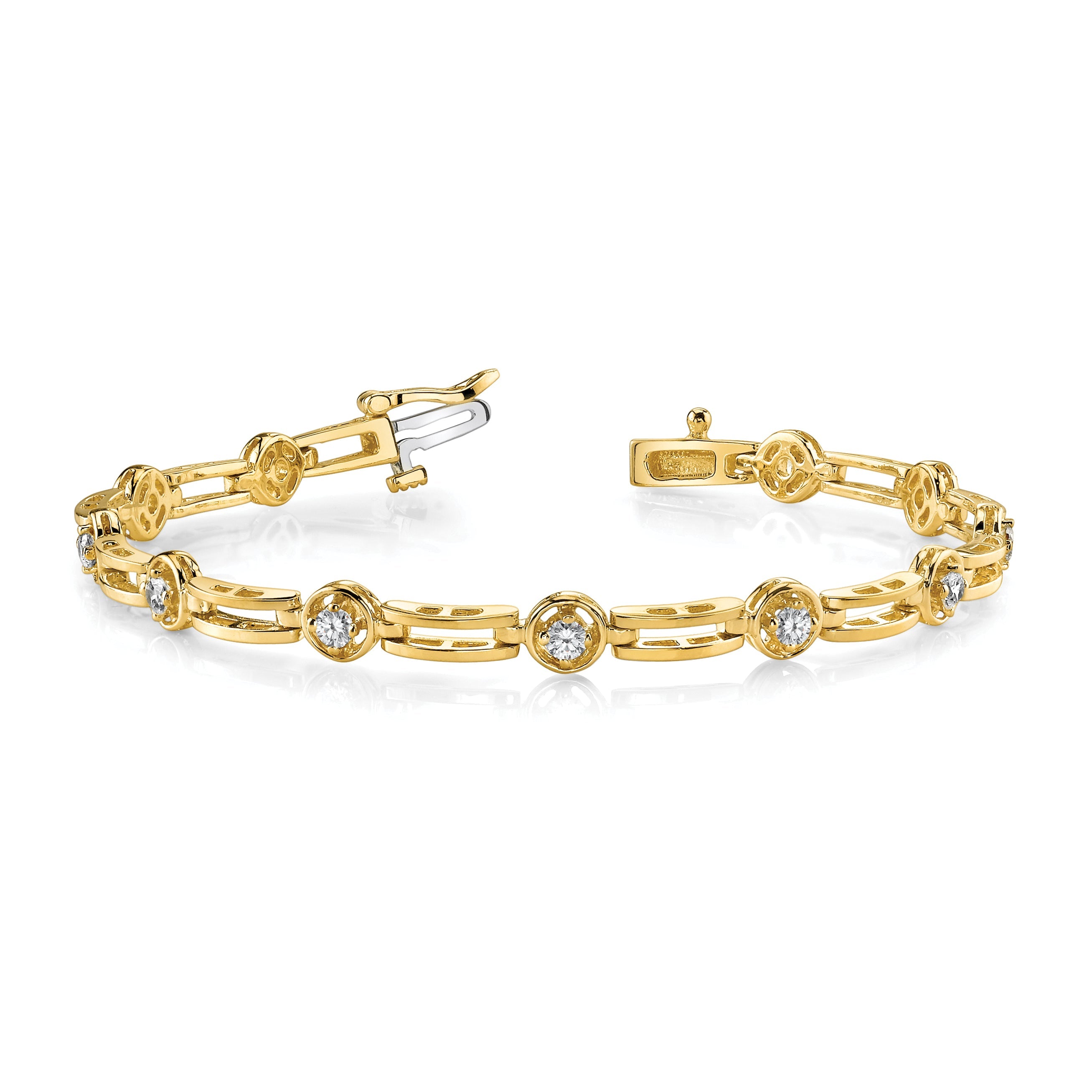 14K Yellow Gold Complete 3/4 Carat Round A Diamond 4 Prong Bar Link 7 Inch Tennis Bracelet