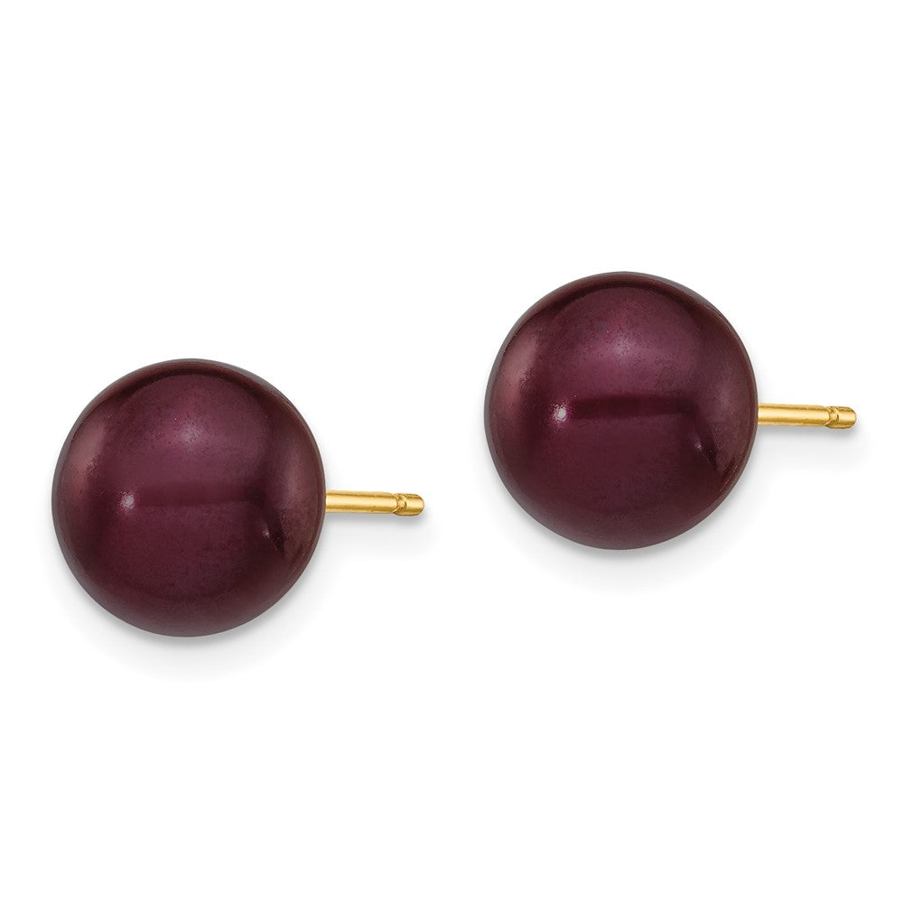 14K Yellow Gold 8 9mm Brown Round Freshwater Cultured Pearl Stud Post Earrings