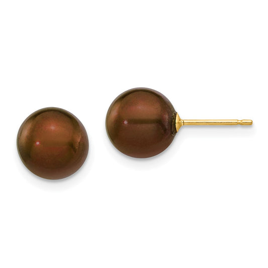 14K Yellow Gold 8 9mm Brown Round Freshwater Cultured Pearl Stud Post Earrings