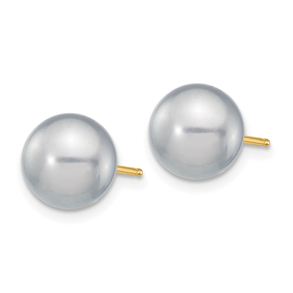 14K Yellow Gold 8 9mm Grey Round Freshwater Cultured Pearl Stud Post Earrings