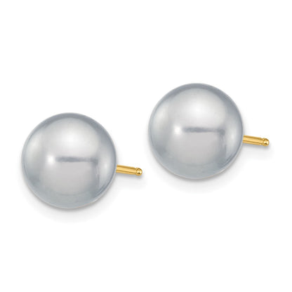 14K Yellow Gold 8 9mm Grey Round Freshwater Cultured Pearl Stud Post Earrings