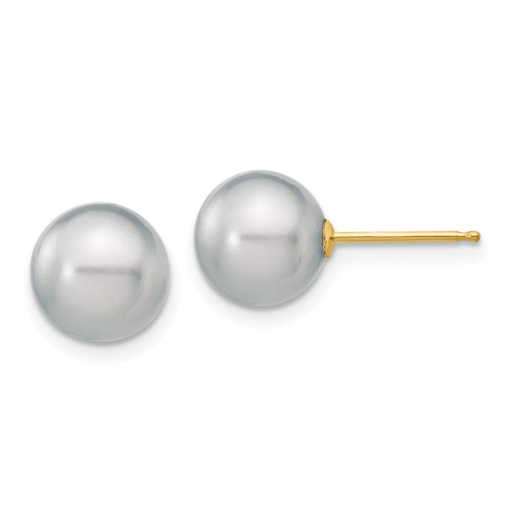 14K Yellow Gold 8 9mm Grey Round Freshwater Cultured Pearl Stud Post Earrings