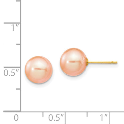 14K Yellow Gold 8 9mm Pink Round Freshwater Cultured Pearl Stud Post Earrings
