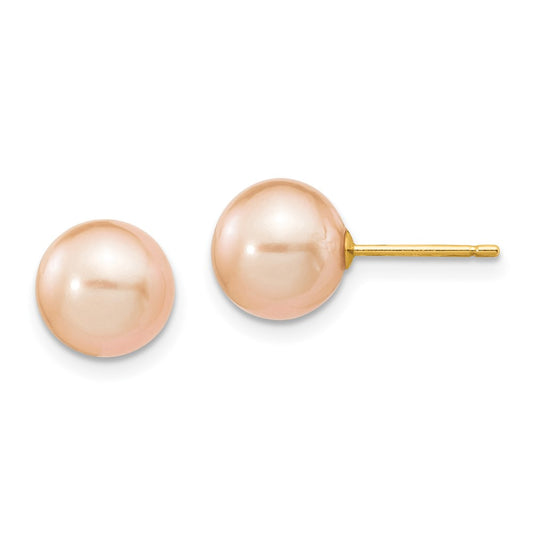 14K Yellow Gold 8 9mm Pink Round Freshwater Cultured Pearl Stud Post Earrings