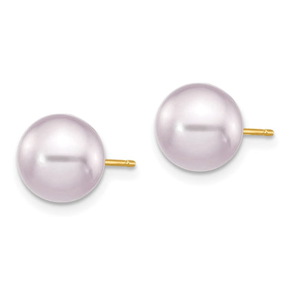 14K Yellow Gold 8 9mm Purple Round Freshwater Cultured Pearl Stud Post Earrings