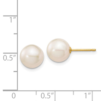 14K Yellow Gold 8 9mm White Round Freshwater Cultured Pearl Stud Post Earrings