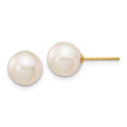 14K Yellow Gold 8 9mm White Round Freshwater Cultured Pearl Stud Post Earrings